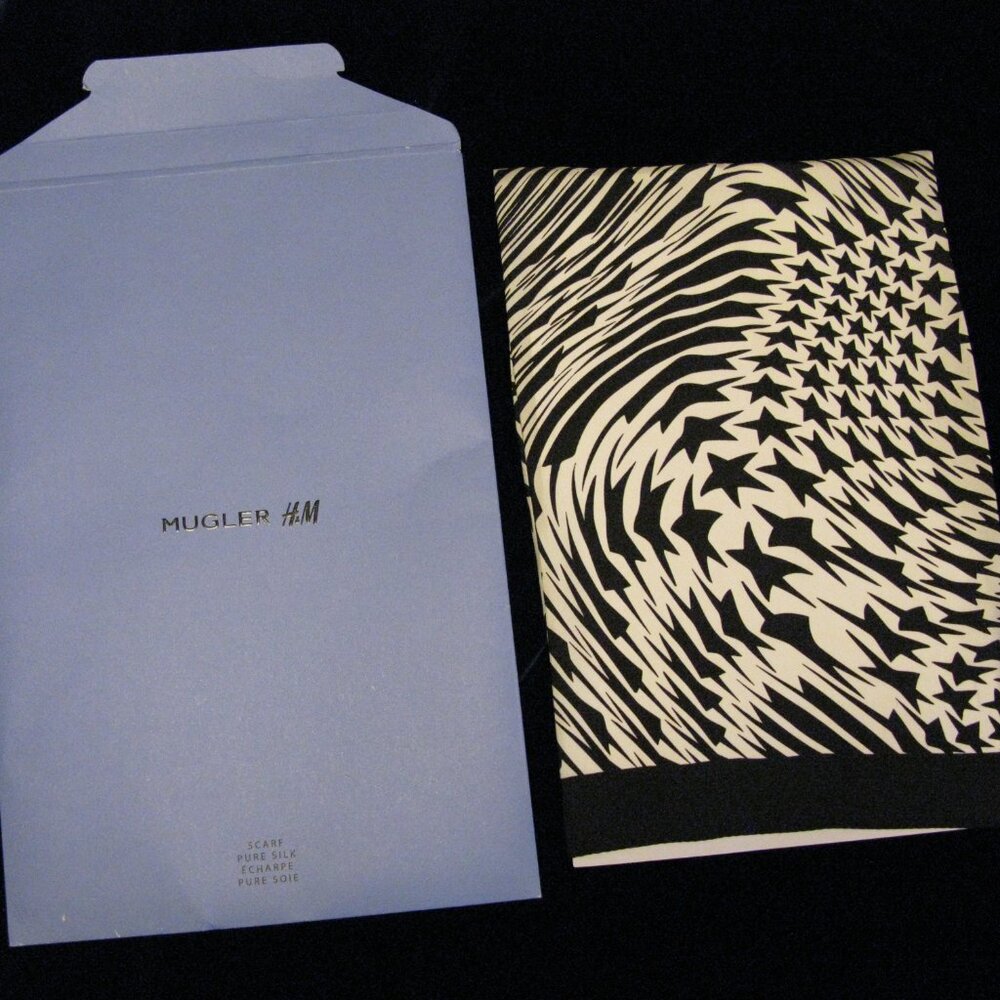 Mugler & H&M Angel Star Swirl Print Silk Scarf Back & White Authentic NEW